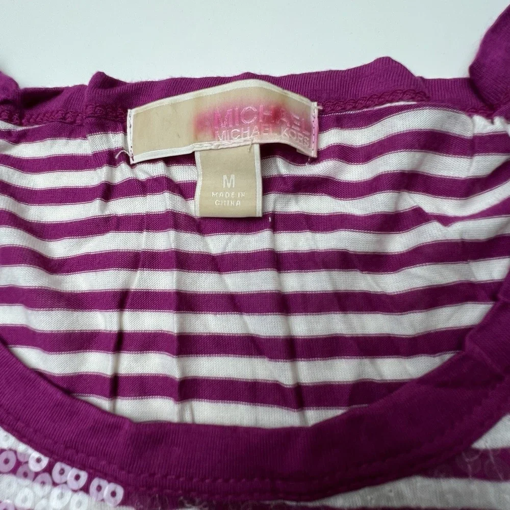 Michael by Michael Kors Purple White Striped Sequin Front Short Sleeve Top Med